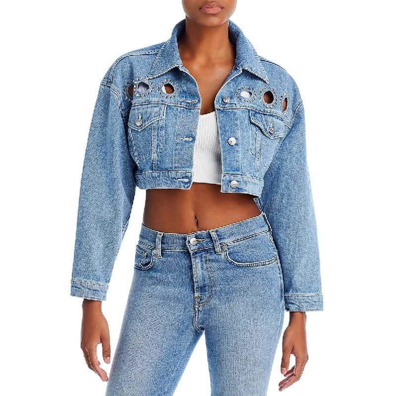 7 For All Mankind Womens Cutout Cropped Denim Jacket