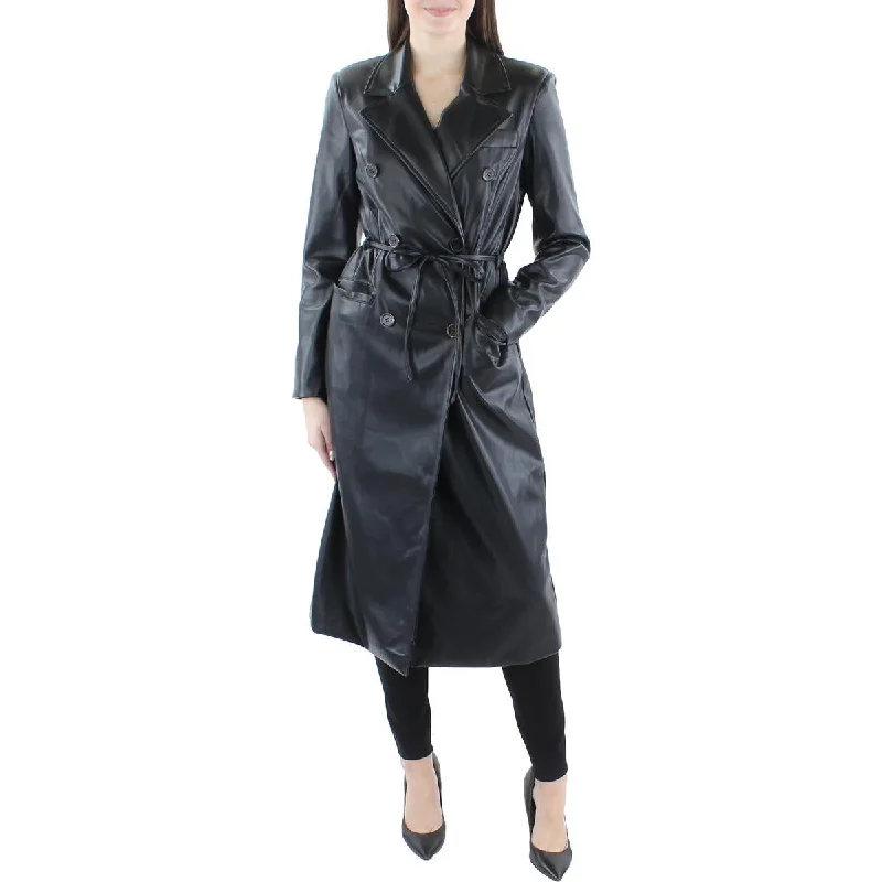 Avec Les Filles Womens Faux Leather Double-Breasted Long Coat