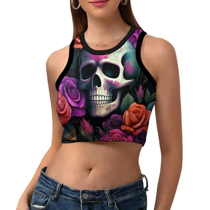 Women's Floral Skull Cropped Slim Racer Back Tank Top