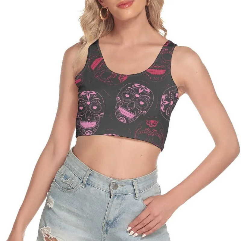 Women's Pink Red Sugar Skulls Sport Crop Tank Top