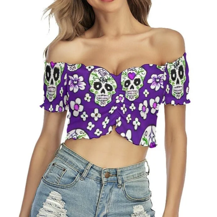 Women's Purple Sugar Skulls Off Shoulder Crop Blouse